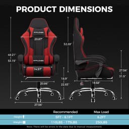 GTPLAYER Gamingstoel 135° verstelbaar, ergonomisch, met uitschuifbare voetsteun - Rood stof — thumbnail 5