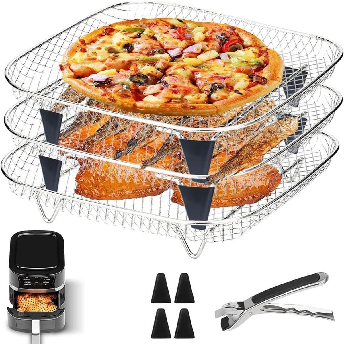 Accessoireset voor airfryer, gemaakt van roestvrij staal – drielaags metalen rooster, geschikt voor airfryers, te gebruiken als uitlek- en grillrooster, voedselveilig en duurzaam. — afbeelding 1