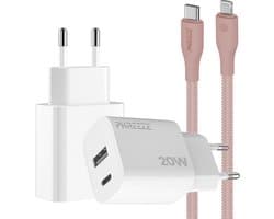 Phreeze usb C adapter 20 W roze met kabel geschikt voor iPhone 15 14 13 en iPad met Lightning kabel - Power Delivery snellader met 2 poorten