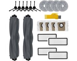 Deze accessoirekit Geschikt voor Dreame L20 Ultra robotstofzuiger bevat 20 reserveonderdelen: 2 rolborstels, 4 filters, 6 zijborstels, 4 dweilpads en 4 stofzakken.