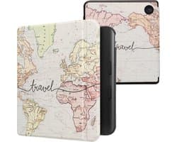 kwmobile e-reader hoesje geschikt voor Kobo Libra Colour hoes - E reader flip case met magnetische sluiting - Ereader cover - Travel Wereldkaart design in zwart / meerkleurig