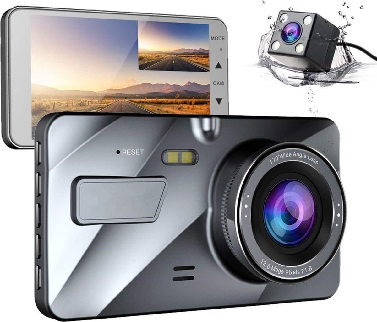 TechU™ Dashcam Voor en Achter Camera – M06 Pro – Dashboardcamera – 4” Scherm – Full HD 1080P – 170° Wijdhoeklens – Nachtvisie – Looprecording – Bewegingssensor – G-sensor – Parkeermonitor – Incl. Achteruitrijcamera - voor auto — afbeelding 1