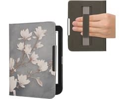 kwmobile e-reader hoesje geschikt voor Kobo Clara BW / Colour hoes - E reader flip case met magneetsluiting - Ereader cover - Magnolia design in taupe / wit / blauwgrijs