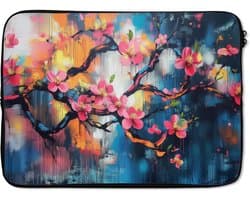 Laptophoes 13 inch - Bloemen - Tak - Artistiek - Roze - Laptop sleeve - Binnenmaat 32x22,5 cm - Zwarte achterkant
