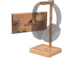 MY FAT GORILLA Headset Houder Bamboe | Koptelefoon Houder van Hout | Standaard Koptelefoon | Hoofdtelefoon Stand | Koptelefoonhouder met Opberglade | Headset Hanger | Headphone Stand