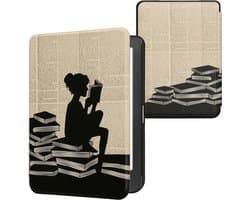 kwmobile e-reader hoesje geschikt voor Kobo Clara HD hoes - E reader flip case met magnetische sluiting - Ereader cover - Meisje met boeken design in zwart / beige