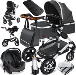KESSER® Kinderwagen 3 in 1 Loops Wandelwagen Set incl. Autostoel & Reiswieg & Buggy Sportzitje - Massieve Rubberbanden - Luiertas / Regenhoes - Asfalt-Grijs / Zilver — thumbnail 1