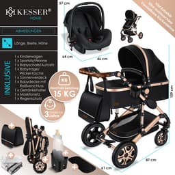 KESSER® Kinderwagen 3 in 1 Loops Wandelwagen Set incl. Autostoel & Reiswieg & Buggy Sportzitje - Massieve Rubberbanden - Luiertas / Regenhoes - Zwart / Champagne — thumbnail 2