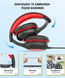 Intelectro Koptelefoon voor Kinderen - Veiligheid en Plezier in Eén! - Hoogwaardige Stereogeluid - Comfortabele Draagervaring - HD Microfoon - Volumeregeling - Brede Compatibiliteit en Audio Delen - Zwart/Rood - Levering Sneller dan Aangegeven! — thumbnail 3