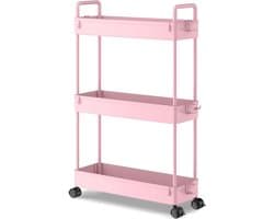 3-Tier Slide-out Slim Rolling Utility Cart Organizer voor Keuken en Badkamer - Roze Wasmachine rek