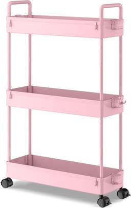 3-Tier Slide-out Slim Rolling Utility Cart Organizer voor Keuken en Badkamer - Roze Wasmachine rek — thumbnail 1