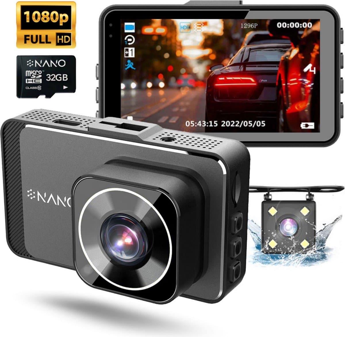 Nanocam M19 32gb dashcam voor auto met achter camera - Full HD + Vga resolutie - Parkeerbeveiliging - 32gb MicroSD - Zuignap en sticker houder - 170 graden kijkhoek - Nachtzicht - 3.0 inch IPS LCD scherm — afbeelding 1