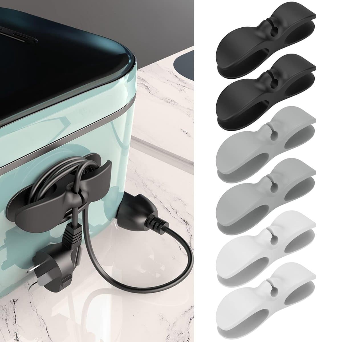 netsnoer organizer - Snoerorganizer voor keukenapparatuur, 6-Stuks Kabelhouder zelfklevend voor elektrische apparatenr, snoeroproller voor apparaten, snoerwikkelaar, lijm voor blender, airfryer, keukengadgets (wit, grijs, zwart) — afbeelding 1