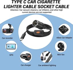 Adapter USB C naar Sigarettenaansteker 1,2m - LED Voltmeter - Instelbare Voltage 5V/9V/12V - Voor GPS en Dashcam - Vemera — thumbnail 4