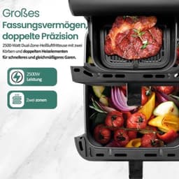 Heteluchtfriteuse Dual Zone - 10 Liter Capaciteit - 2500 Watt Vermogen - Kunststof Materiaal - Zwart Kleur - Voor Friet Vlees Vis Groenten - Airfryer — thumbnail 4