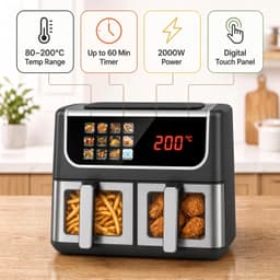 VHV-Dubbele airfryer met 2 manden en kijkvenster - 10L hetelucht friteuse - 38 x 24 x 30 cm - 2000W met zwevend touchscreen en 12 programma's - RVS en kunststof - Zwart — thumbnail 5