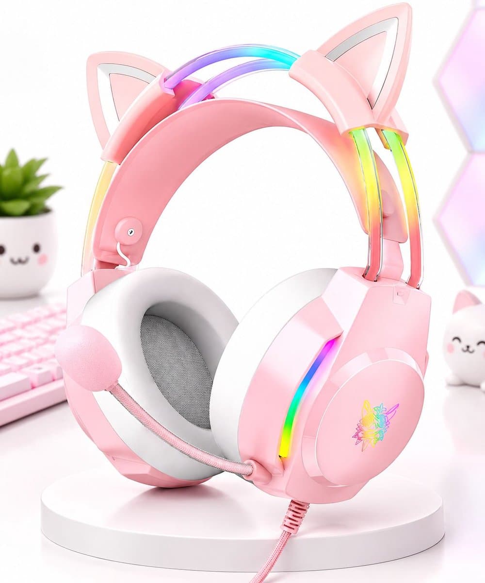 VHV - Gaming headsets met Microfoon - Kattenoor Headphones - Koptelefoon - Hoofdtelefoon met kabel - Noise Cancelling Microfoon - Surround Sound - RGB Verlichting - PC, Laptop, PS4, PS5, Xbox, Switch — afbeelding 1
