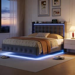 Bedframe 140 x 200 met LED, hoofdeinde met plank en USB/Type-C-poorten, metalen frame en latten, fluwelen bekleding (grijs, 140 x 200 cm) — thumbnail 4