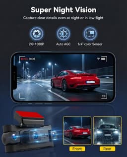 SnelShoppen - SIXWIN 2K Dashcam Auto met 3 Inch Display, 360° Rondom Zicht, 3 x 1080p Camera's, Wifi, Nachtzicht, G-sensor, App-bediening, 24/7 Parkee — thumbnail 3