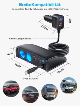 SnelShoppen - Intrekbare Autolader Adapter - 9-in-1 Sigarettenaansteker Splitter 148W 12V/24V QC3.0 USB Auto-Adapter Multi-Socket met Voltmeter voor T — thumbnail 4