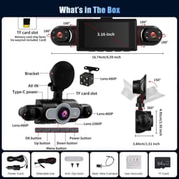 SnelShoppen - 360° Dash Cam 4 Kanalen 1080P Auto Camera met 64G SD-kaart, G-Sensor, Loop Opname, Nachtzicht en Groothoek 150° voor Achter Interieur — thumbnail 5