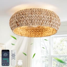 Inbouwventilator met lamp 19 inch - Dubbele bediening via app en afstandsbediening - Zes ventilatorsnelheden - ABS-bladen met rotan-design - Geschikt voor kleine slaapkamers - Minimalistische rustieke stijl — thumbnail 2