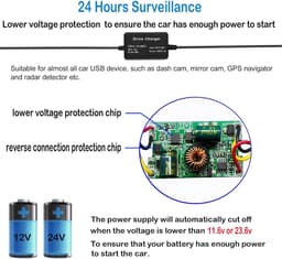SnelShoppen - Hardwire Kit Dash Cam Mini USB Zekering voor Dashcam, 12V-28V naar 5V met Laagspanningsbeveiliging, 11Ft Oplader Netsnoer (TYPE C) — thumbnail 2