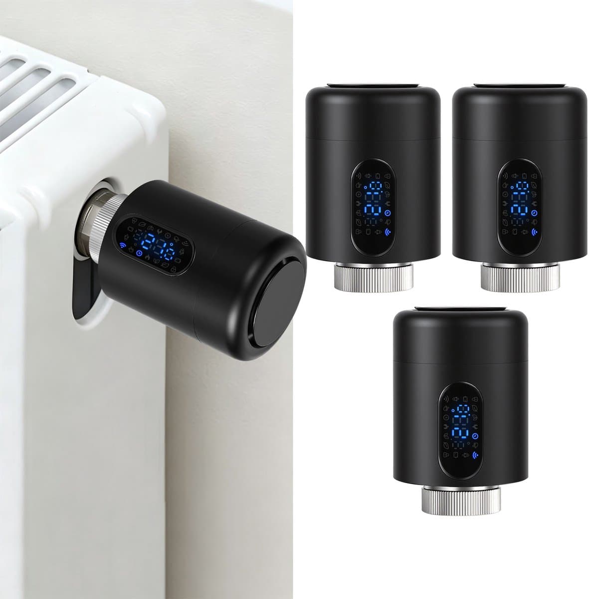 Radiator Thermostaat WiFi – Raamdetectie, Vorstbeveiliging en Kinderslot – Zwart – 3-pack — afbeelding 1