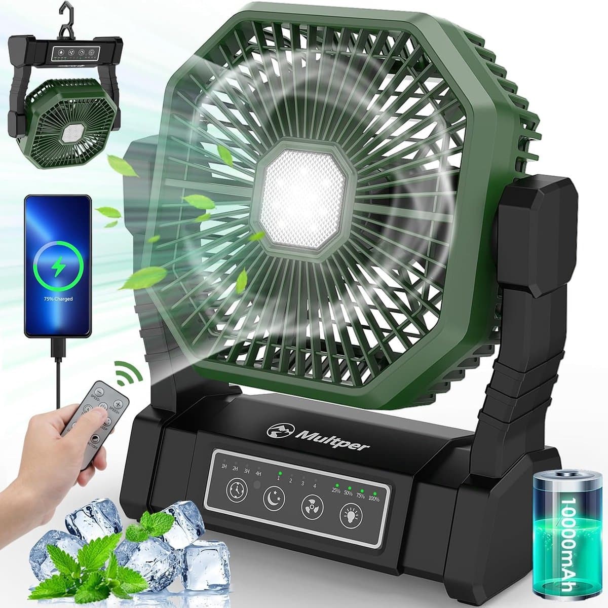Campingventilator Draadloos – Oplaadbare Tafelventilator met LED Lamp, Afstandsbediening, 10000 mAh Accu, 4 Snelheden — afbeelding 1