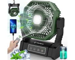 Campingventilator Draadloos – Oplaadbare Tafelventilator met LED Lamp, Afstandsbediening, 10000 mAh Accu, 4 Snelheden