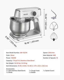 Keukenmachine – Keukenmixer – Keukenrobot – Foodprocessor – Mixer – 7,4L RVS Mengkom – 1800W Motor – 10 Snelheden – Inclusief Deeghaak, Garde En Platte Mengklopper — thumbnail 1