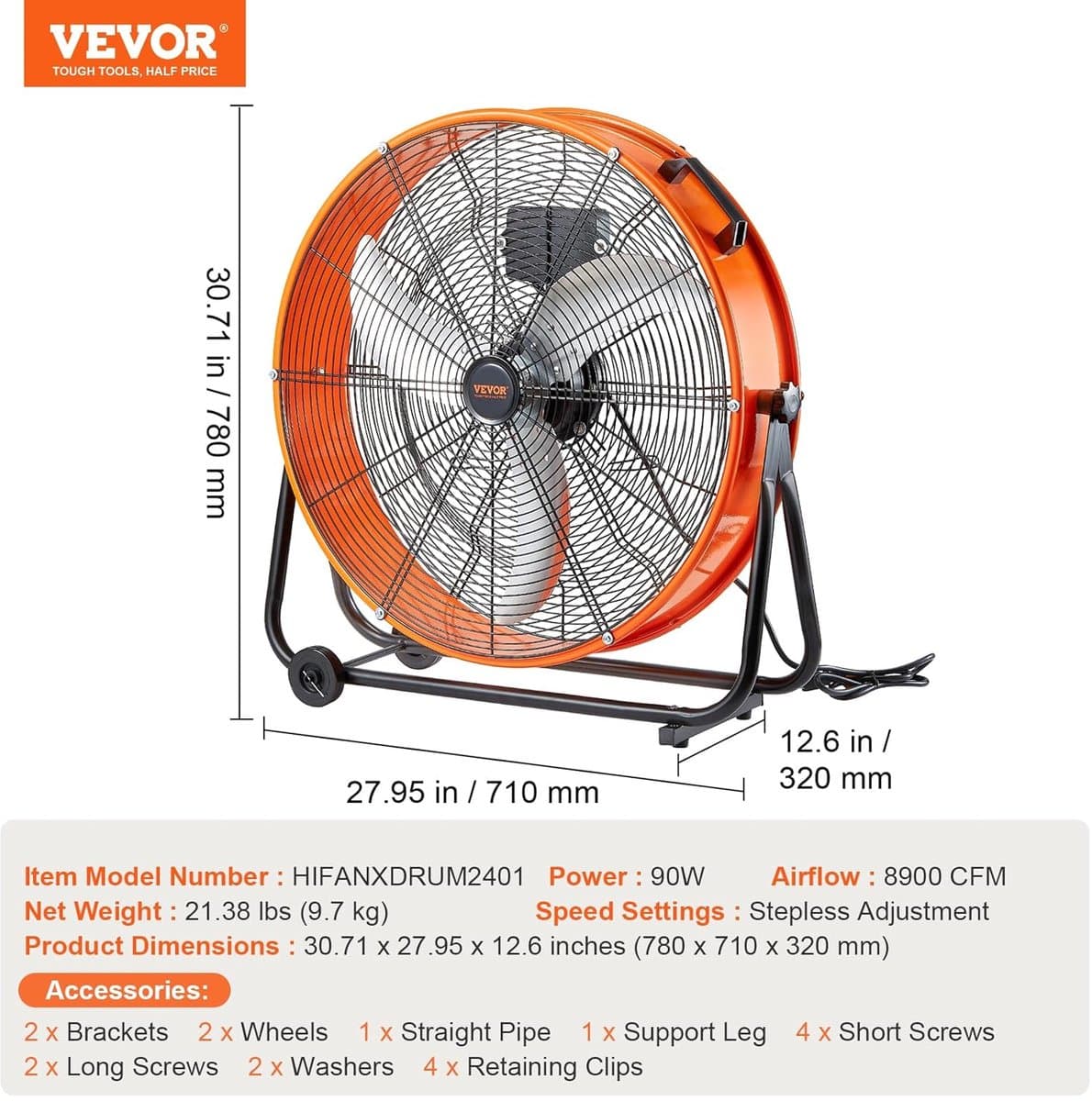 Industriële Ventilator - Werkplaats Ventilator - Lucht Circulatie - Traploos Regelbaar - 60 cm - Oranje — afbeelding 1