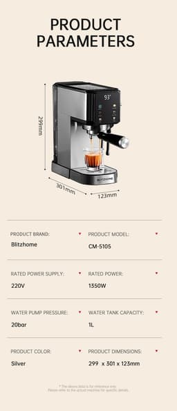 BlitzHome CM5105 Halfautomatische Espressomachine 20 Bar 1350W Touchscreen Tassenwarmer 1L Waterreservoir Zilver — thumbnail 2