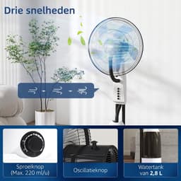TEKROA® Statiefventilator - Mistventilator - Vernevelingsventilator met 2800 ml Watertank en 3 Snelheden - Stille Ventilator - Geschikt voor keukens, woonkamers en slaapkamers - Horizontale + verticale oscillatie - Wit — thumbnail 3