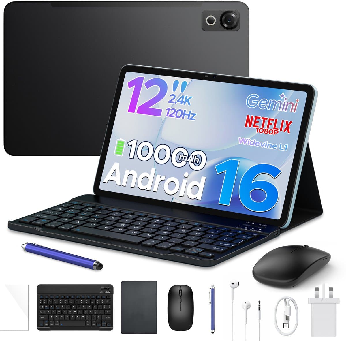 POCKAM P12 - Tablet - Tablets - 48 GB RAM (8+40 GB) - 128 GB ROM - 12 inch 2K 120 Hz IPS - Android 16 - 10000 mAh /18 W - T7280 Octa Core - Dubbele camera - WiFi 5 - Bluetooth - Face ID - Toetsenbord - Stylus meegeleverd - Zwart — afbeelding 1