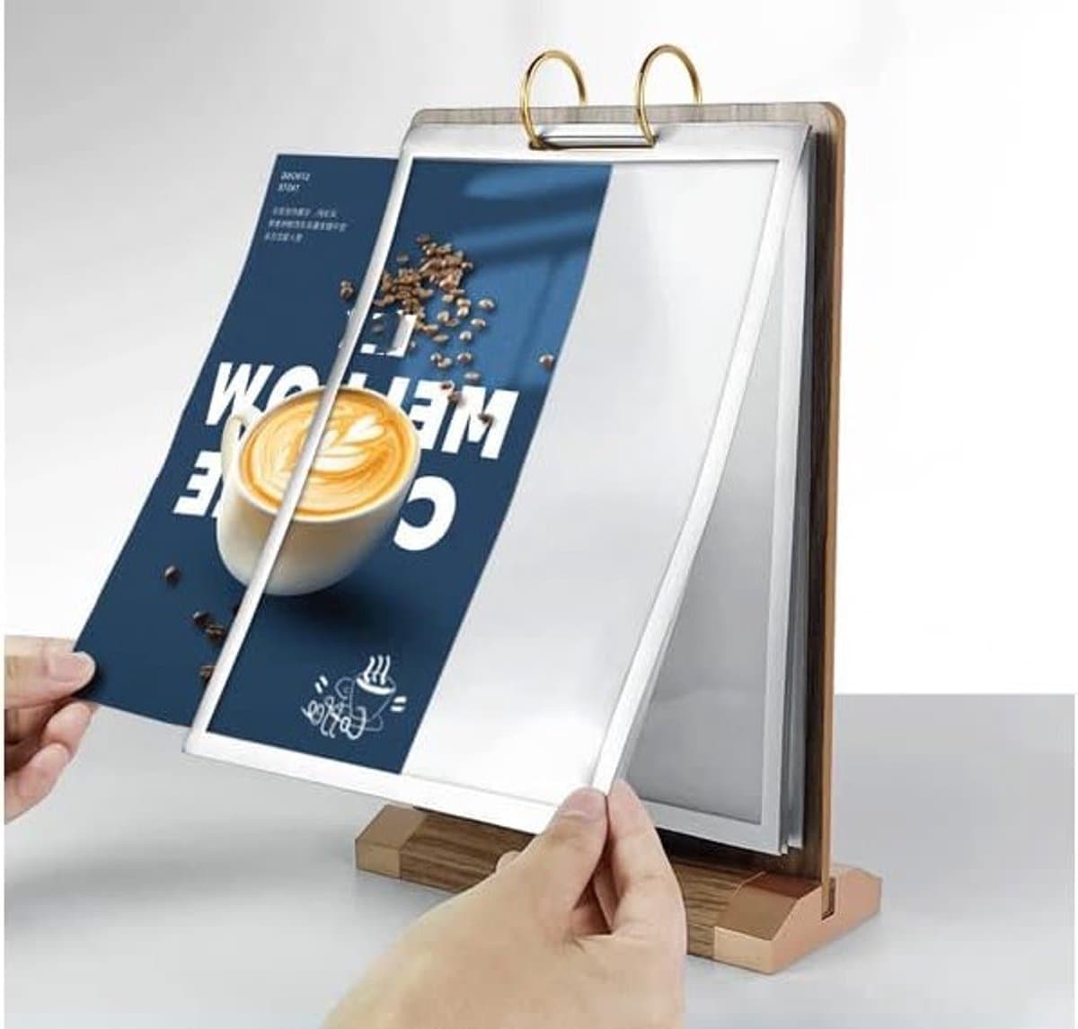 Houten A5 Signaalhouder voor Tafel met Verticale Kaart Flip Display, Dubbelzijdig Flyerframe met 6 Pagina's en Basis — afbeelding 1
