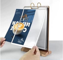 Houten A5 Signaalhouder voor Tafel met Verticale Kaart Flip Display, Dubbelzijdig Flyerframe met 6 Pagina's en Basis — thumbnail 1