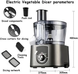Commerciële elektrische groentesnijder 600W, 5L keukenmachine met 4 messen voor het snijden en raspen van uien, wortels, komkommers, fruit en groenten. — thumbnail 4