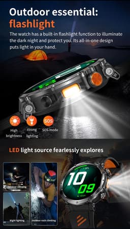 Knobbout GPS Smartwatch 1.7" (4,3 cm) met LED Zaklamp – 850mAh Batterij | IP68 Waterdicht | Kompas, Hoogtemeter & Barometer | Outdoor Sport Horloge met Bluetooth Bellen - Zwart — thumbnail 2