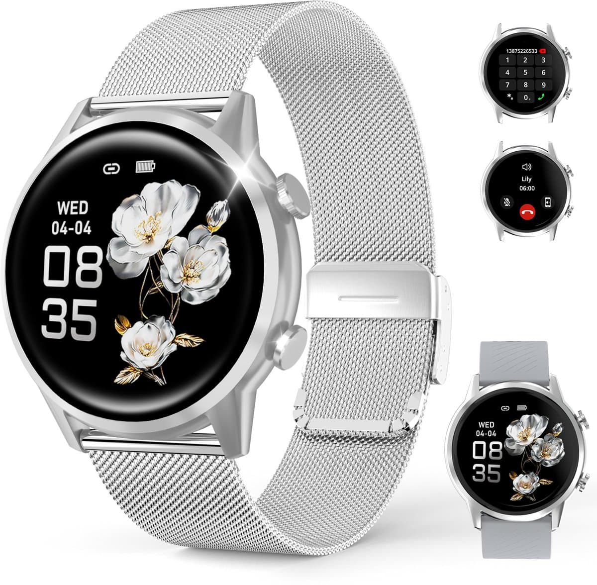 Smartwatch – Nieuw dameshorloge – 1,39-inch scherm – Sporthorloge voor dames – Bellen en gebeld worden – Slaapregistratie en stappenteller – Compatibel met Android 5.0 of hoger / iOS 9.0 of hoger – Zilverkleurig – Inclusief 2 horlogebandjes — afbeelding 1
