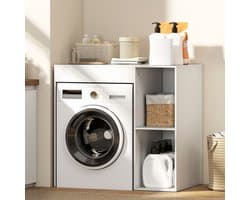 Wishdor - Opbergkast Voor Wasmachine En Droger - Met Bovenblad, Twee Open Vakken En Kantelbeveiliging - Ruimtebesparend Ontwerp - Voor Wasruimte Of Badkamer - Houten Constructie - Wit