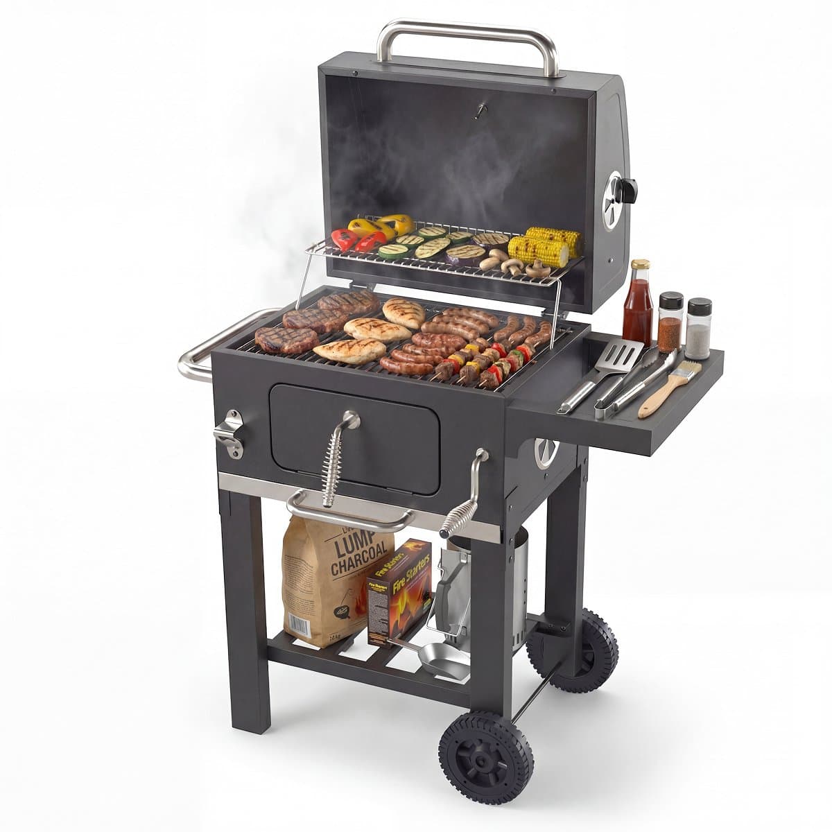 KitchenBrothers Houtskool BBQ Midi - Barbecue Houtskool - RVS Grillroosters - PFAS-Vrij - Met Aslade - 30x40 cm Grilloppervlak - Zwart — afbeelding 1