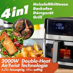 Heteluchtfriteuse - Airfryer XXL - Vetarm Koken - Dubbel Verwarmingssysteem - 8 Liter - Zwart-Zilver — thumbnail 4