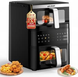 Airfryer Dubbele Mand - Heteluchtfriteuse Duo - Gezonde Maaltijden - Verticaal Compact Design - 4+8 Liter - Zwart — thumbnail 1
