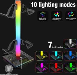 oCreon Draagbare Hoofdtelefoonhouder met RGB Verlichting & Dubbel Opladen - Gaming & Kantoor Accessoires — thumbnail 5