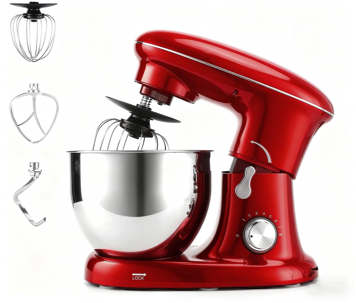NETTLIFE Keukenmachine – 1400W – 5L Rührschüssel – met Knethaken Rührbesen Schneebesen – Voor Brot Pizzateig Kuchen Sahne – Rood — afbeelding 1