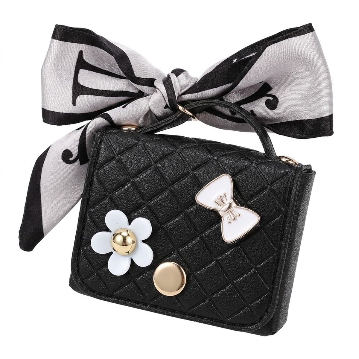 Zwart hoesje voor oordopjes dames met strik en decoratieve details geschikt voor AirPods Pro 3 kunstleer hardcase met ring en lint — afbeelding 1