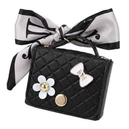 Zwart hoesje voor oordopjes dames met strik en decoratieve details geschikt voor AirPods Pro 3 kunstleer hardcase met ring en lint — thumbnail 1