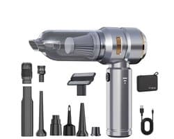 Sander Shop Mini Auto Stofzuiger,16000PA 4-in-1 snoerloze handheld stofzuiger met Brushless Motor Built-in 6000mAh batterij Type C Air Duster & Air Blower & pomp voor auto, kantoor-Zilver-goud