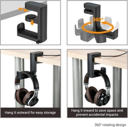 Universele Koptelefoonhouder met USB Hub en Kabelclip - 360° Draaibaar Bureau Organizer — thumbnail 3